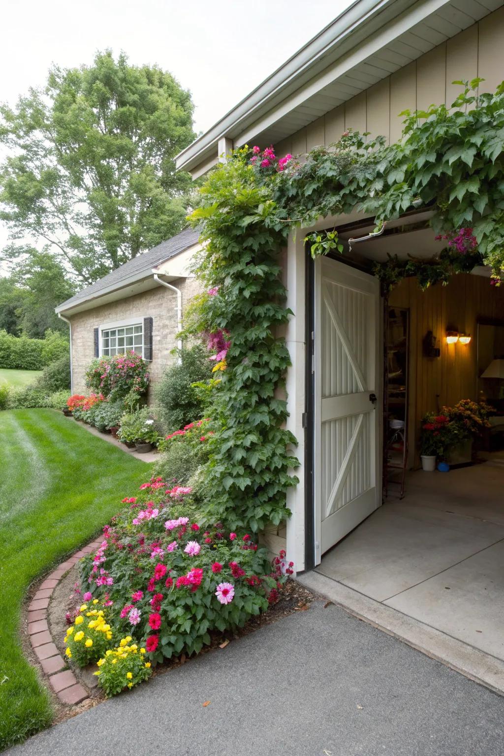 A garden-inspired entrance enhances the charm and allure of the garage.