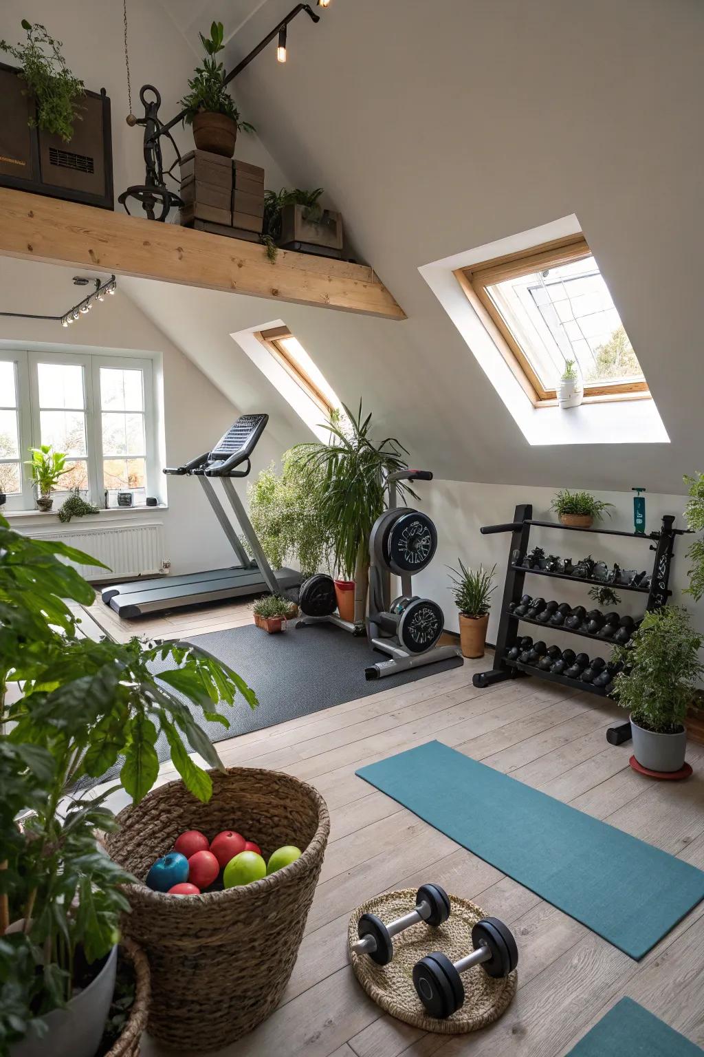 Plant life injects vitality and freshness into your attic gym.