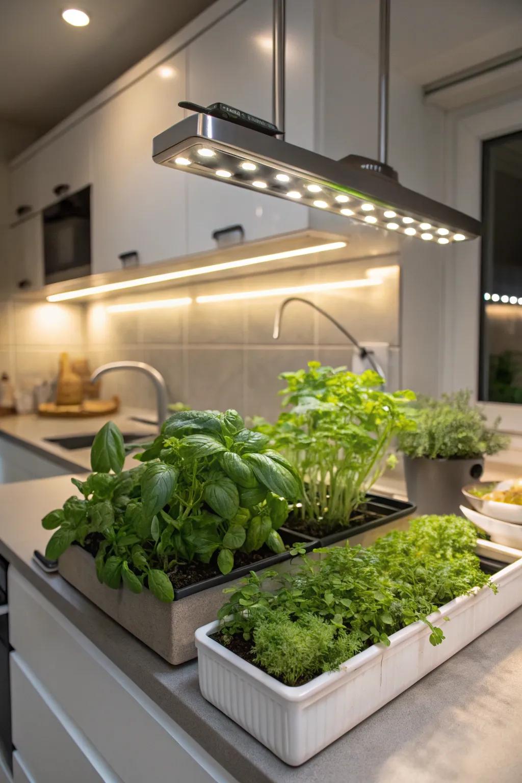 Under-cabinet plant lights enhancing a miniature herb garden in the kitchen.