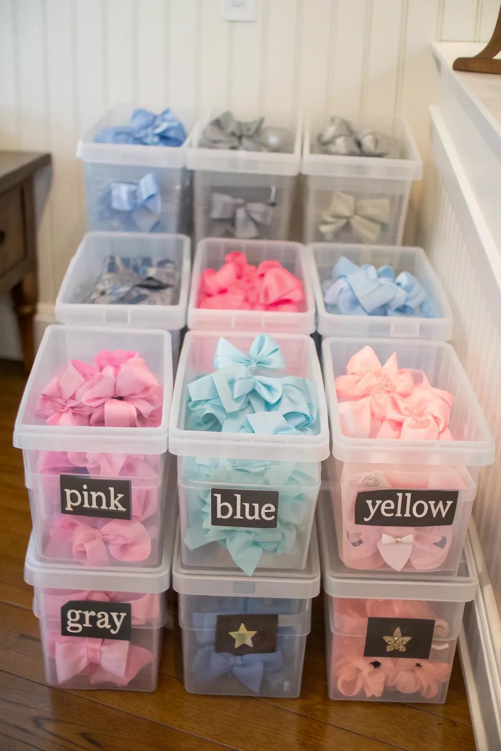 Color-coordinated storage to make an attractive display.