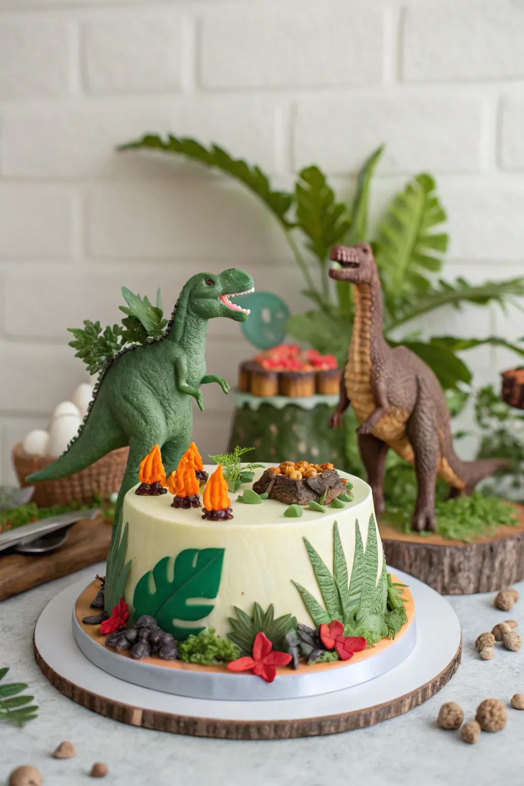 A dinosaur-themed cake featuring playful prehistoric decorations.
