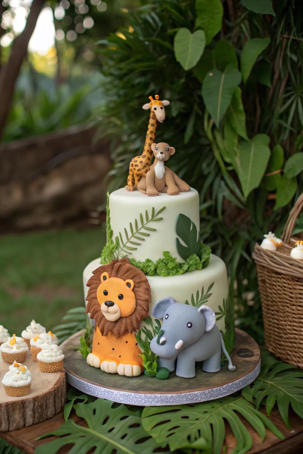 A jungle-themed cake featuring playful animals, perfect for a baby boy celebration.