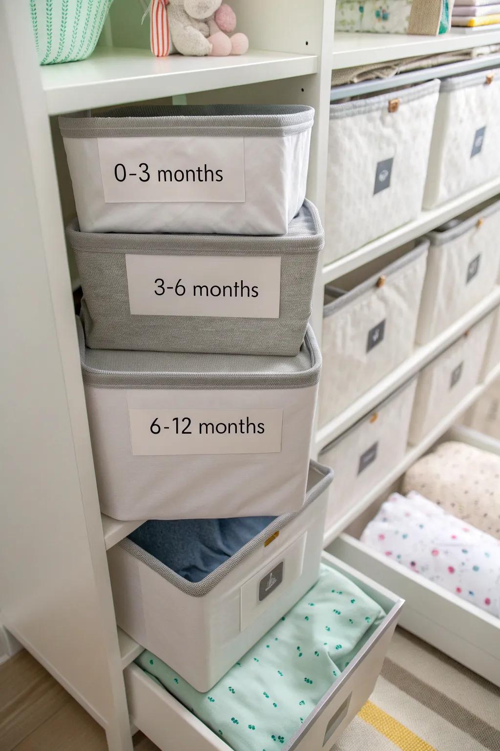 Labels help with clarity and the overall organization of baby clothes storage.