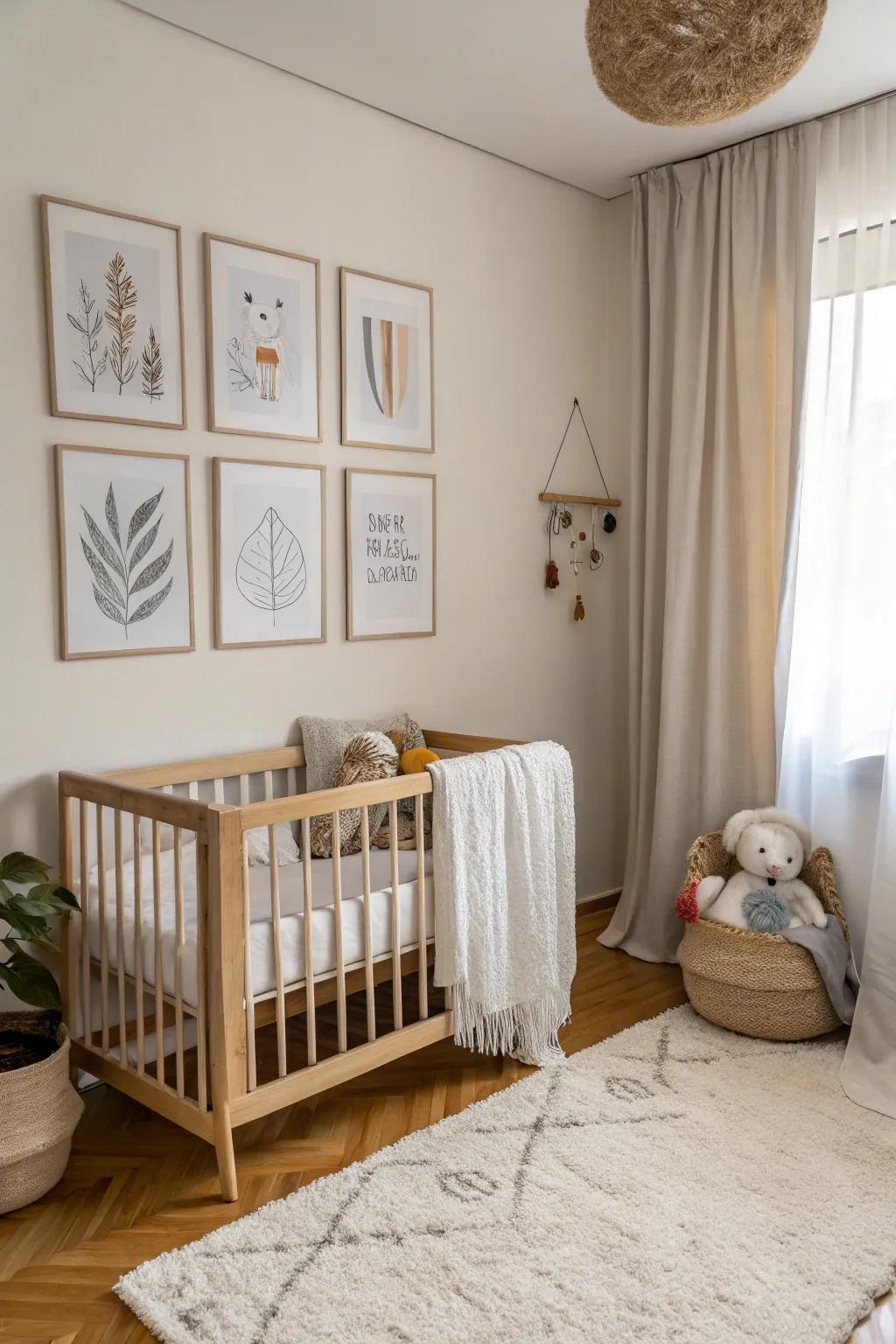 Wall decor adds a personal touch to the baby area, making it feel unique and inviting.