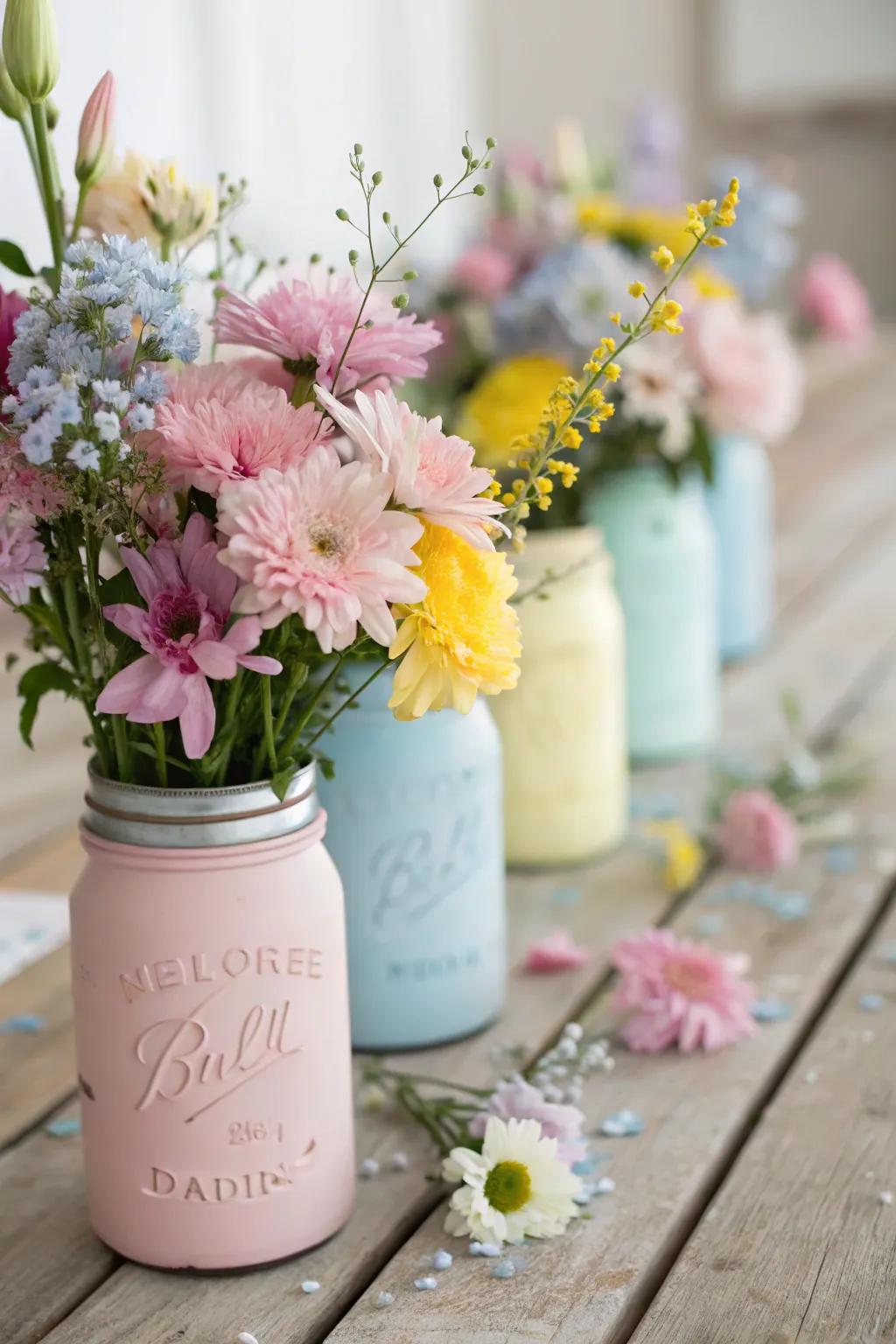 Charming glass jar centerpieces with fresh blooms.