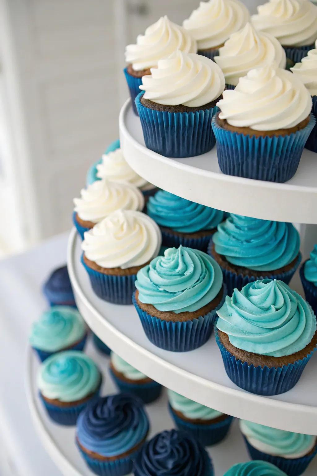 Gradient frosting cupcakes impart a sense of sophistication to any baby shower.