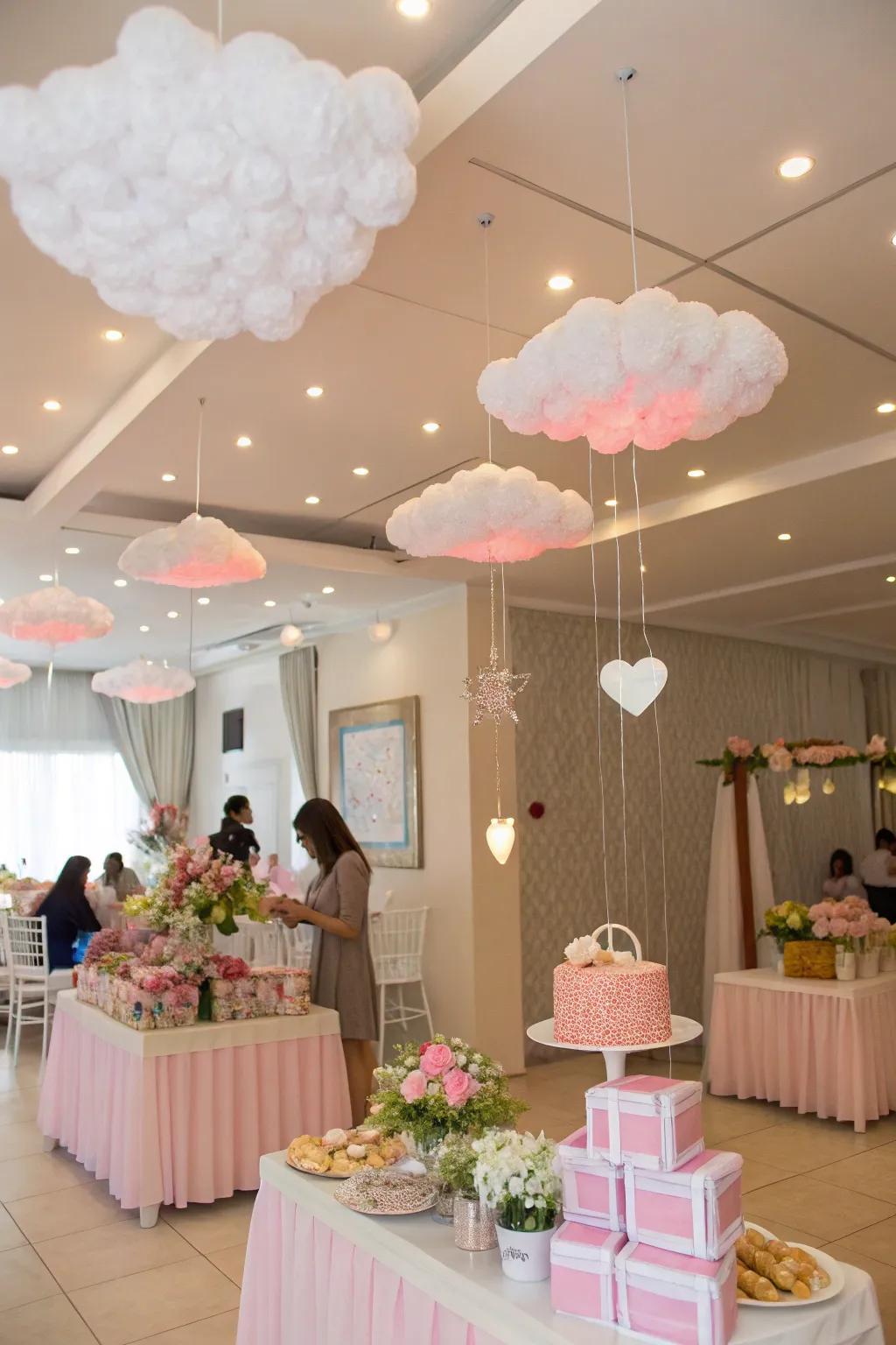 Fluffy nimbus ornaments suspended from the ceiling create a dreamlike ambiance.