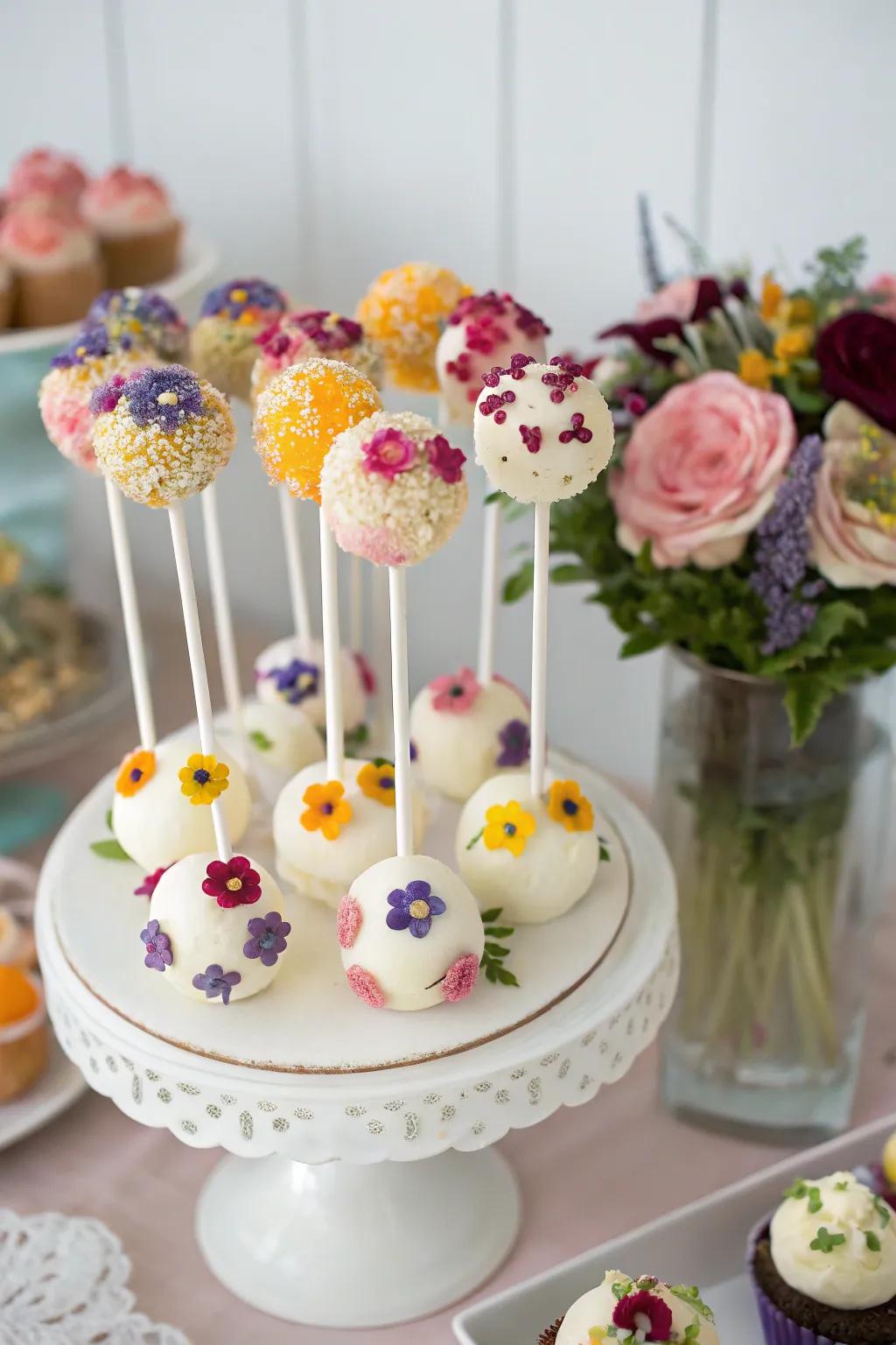 Floral cake pops adorned with edible blossoms.