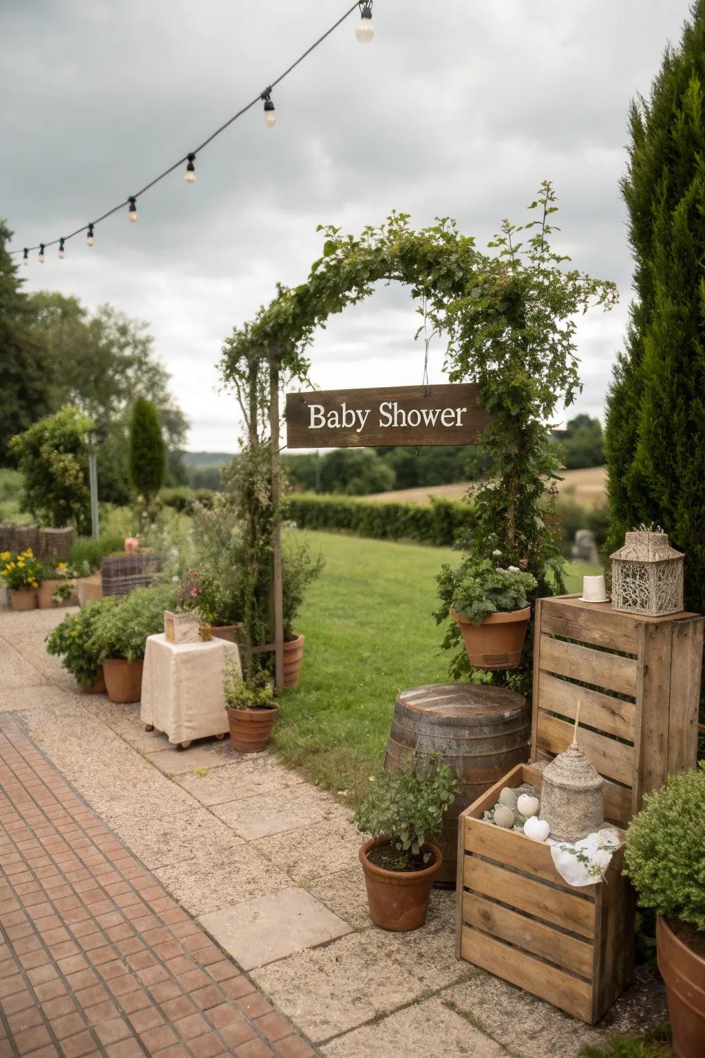 Rustic props introduce charm and character right at the baby shower's entrance.