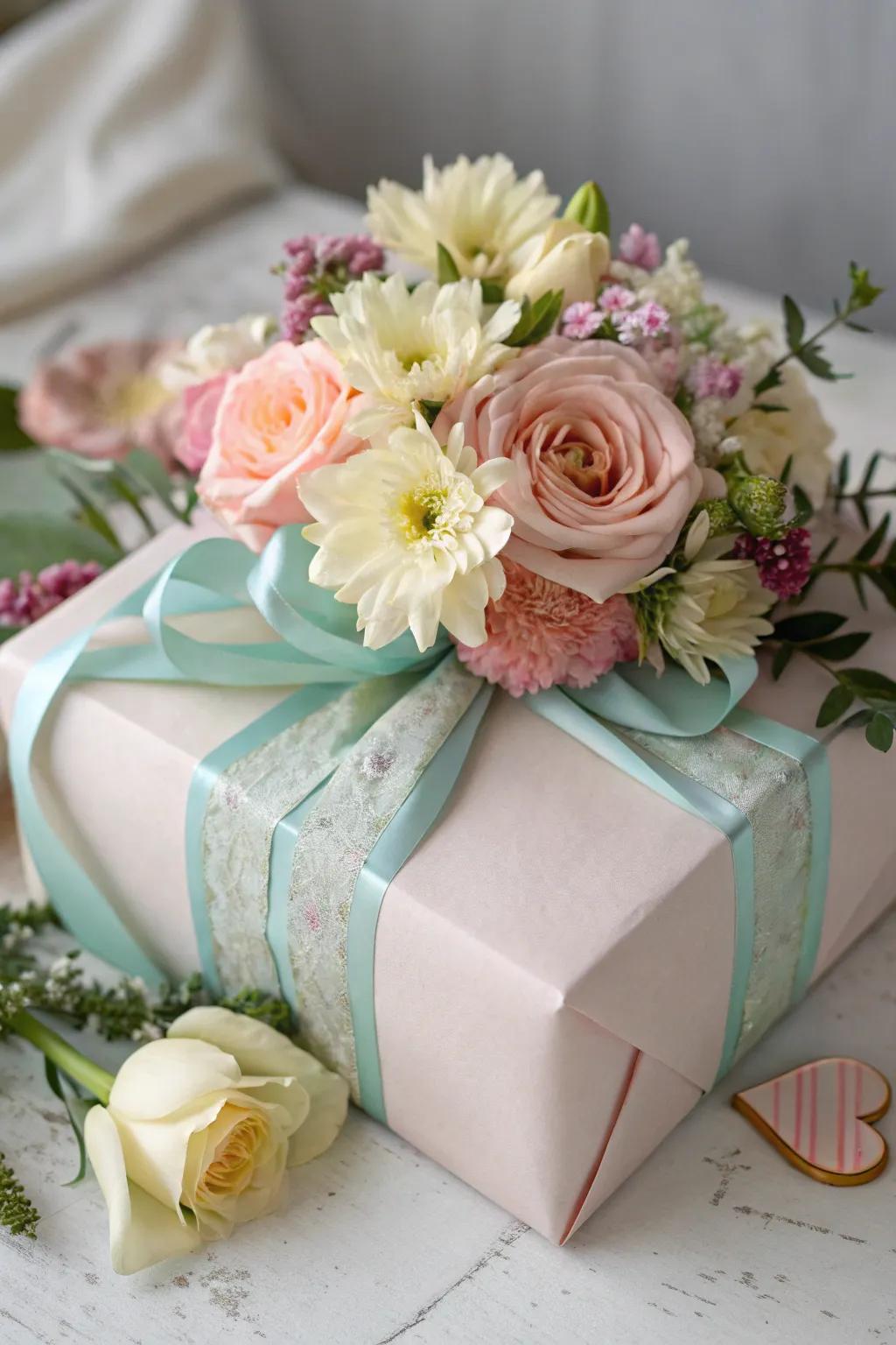 A gift exquisitely embellished with a floral accent, ideal for a baby shower occasion.
