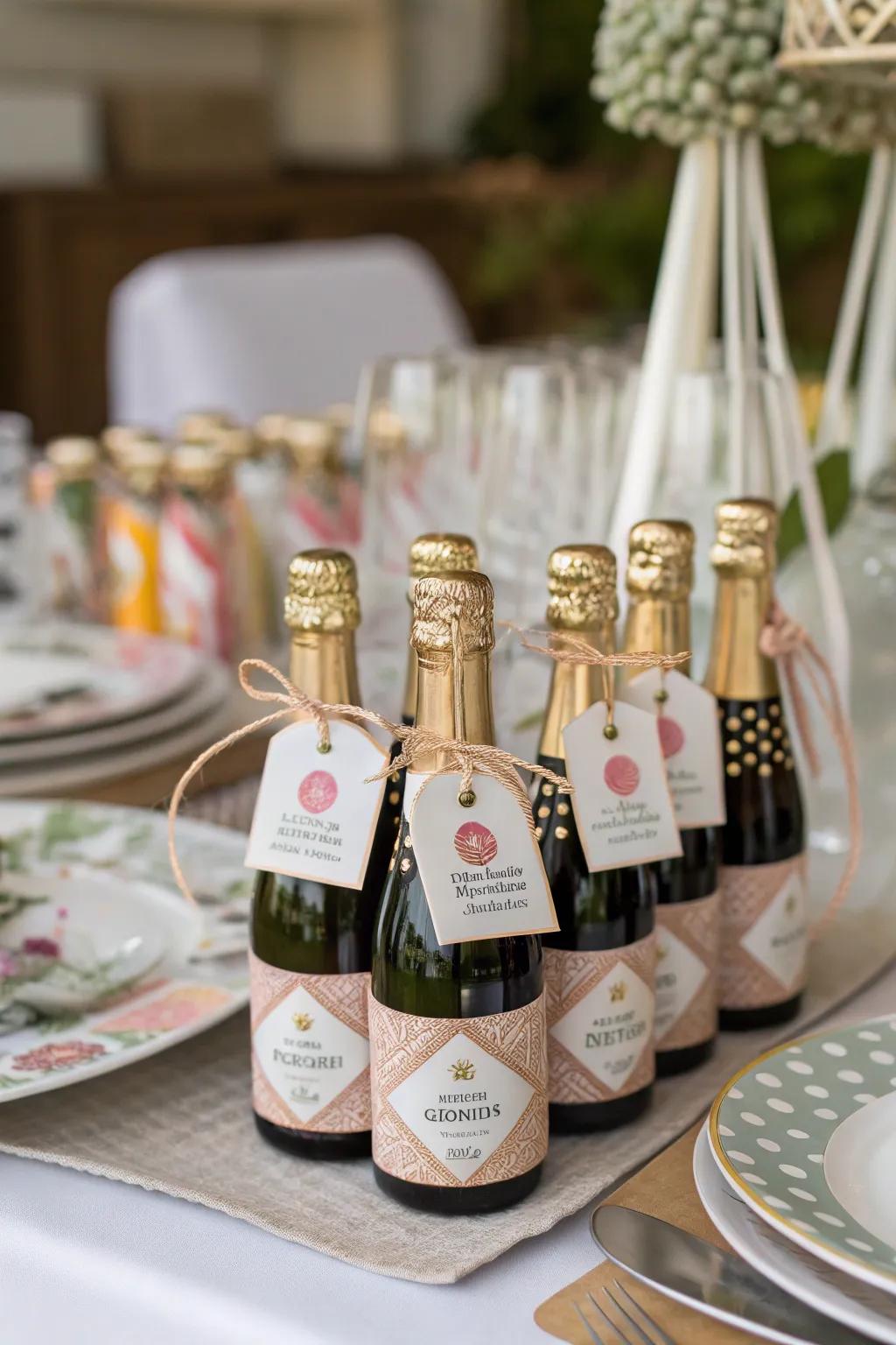 Mini sparkling cider bottles contribute a celebratory atmosphere.