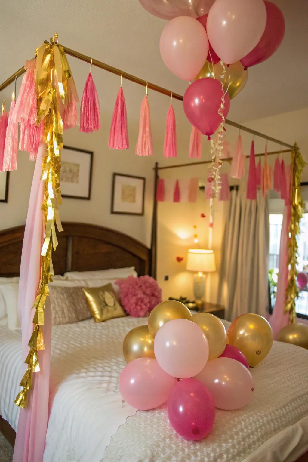 A festive bed adorned with balloons and ribbons.