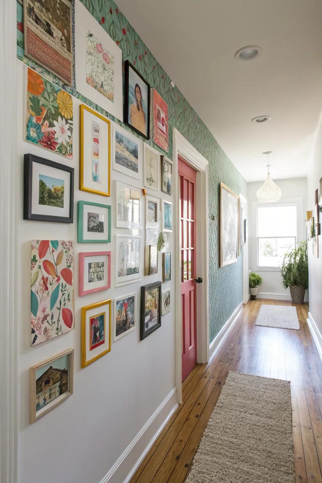 A hallway featuring a DIY art wall, showcasing a mix of colors and textures.