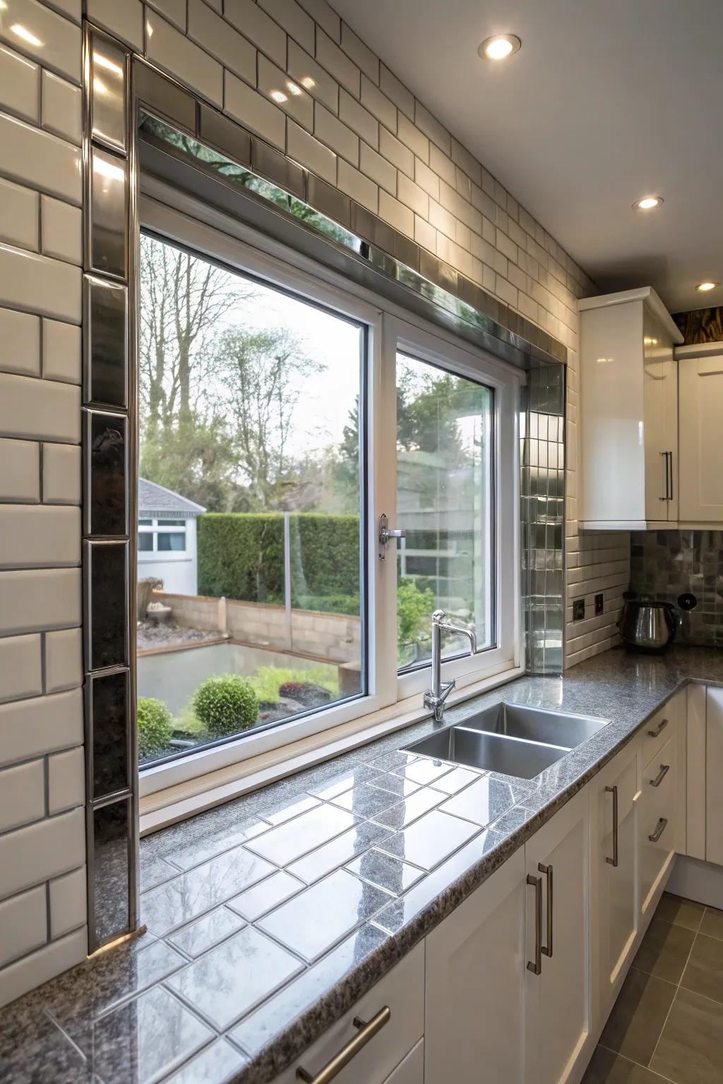 Polished metal tiles framing a kitchen window for a sleek, contemporary look.