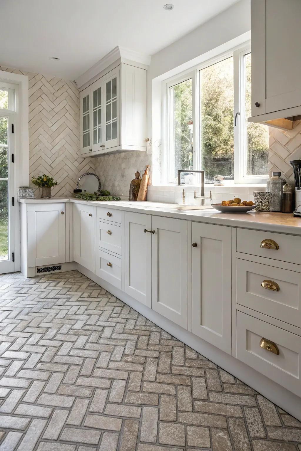 Zigzag patterns enhance this white kitchen with a dash of refinement.
