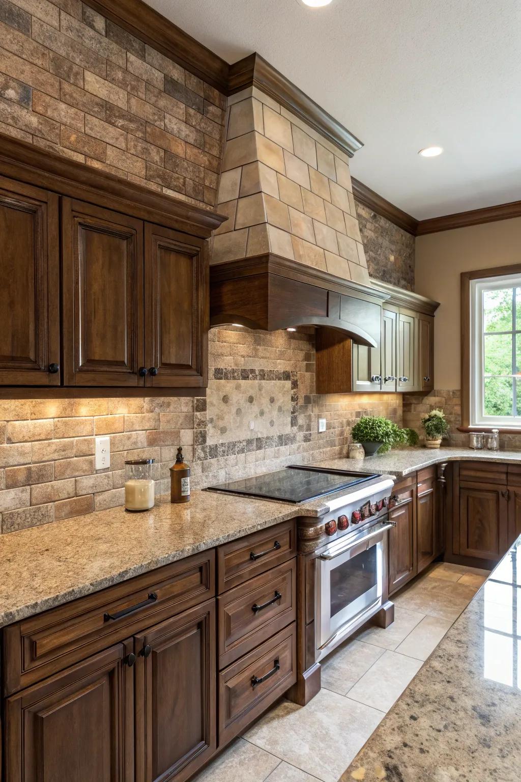 Etched stone-style tiles offer a rustic complement to fantasy brown granite.