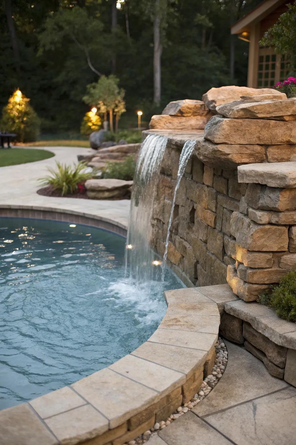 A cascade aspect elevates the opulence of your pool setting.