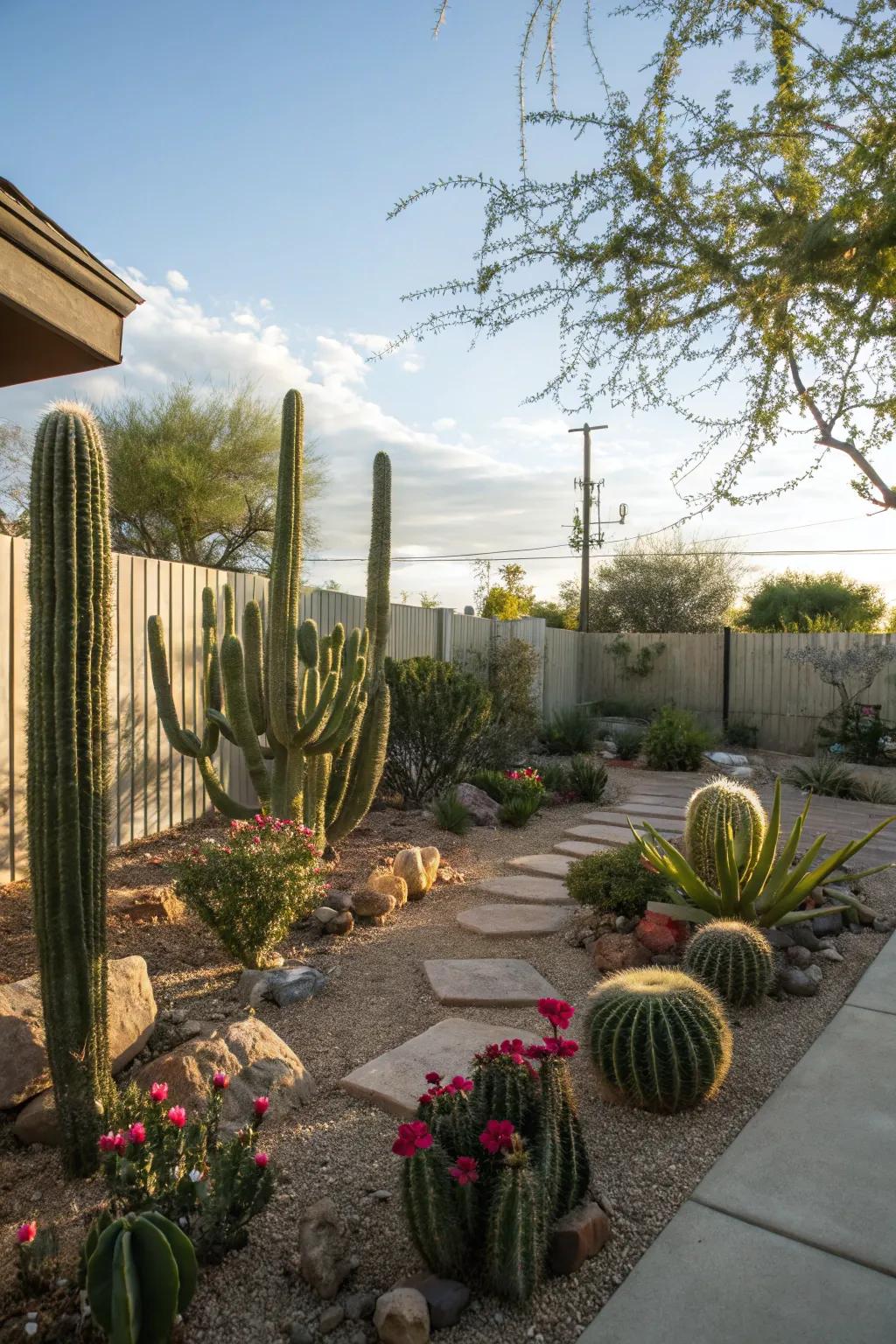 A naturally integrated cactus garden luxuriating in sunlight.