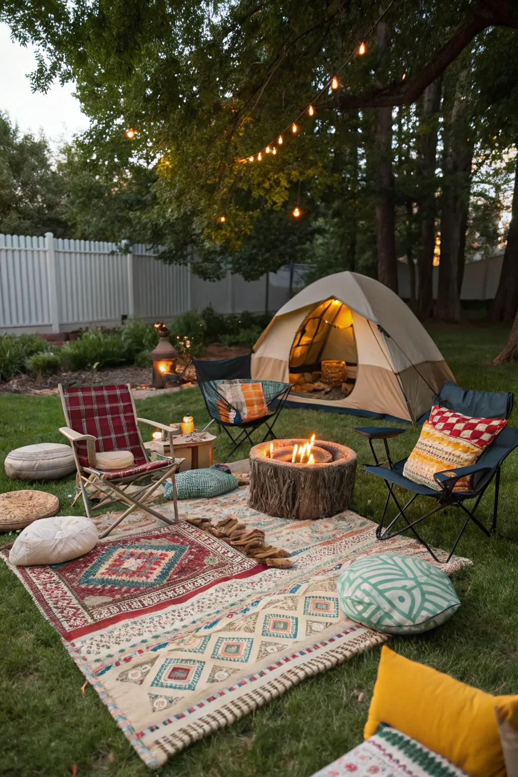 Rugs and pillows enrich the campsite with lively decorative touches.