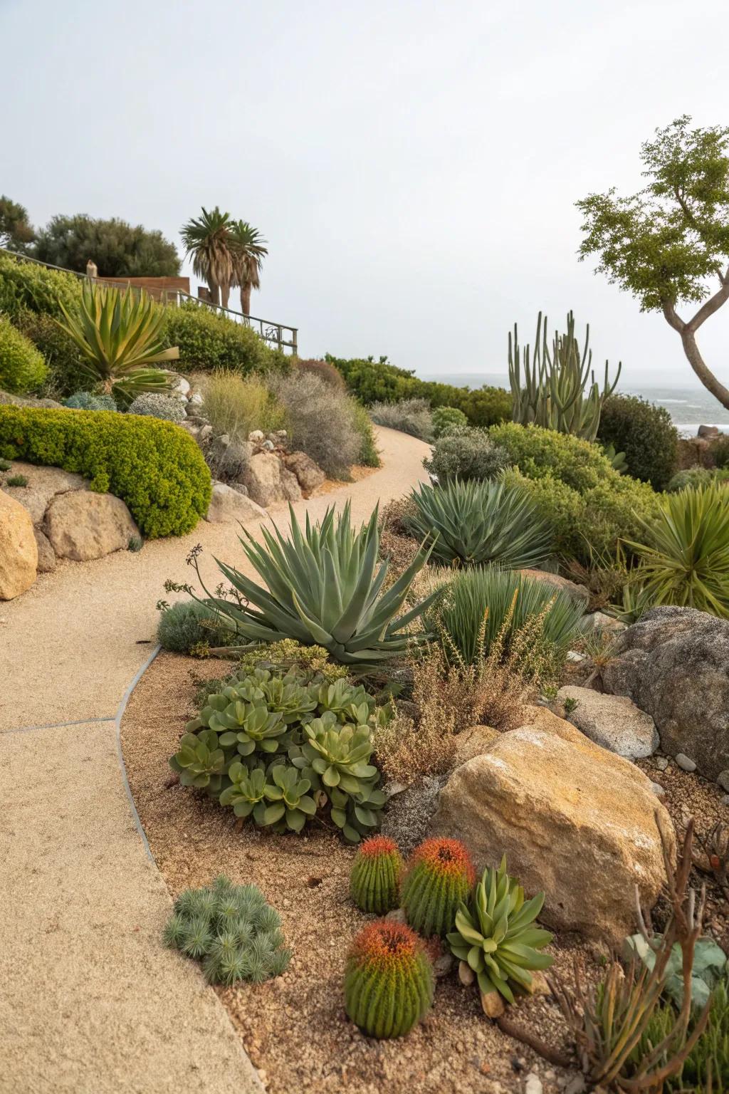 A stunning dry garden with crushed rock, showcasing drought-tolerant beauty.