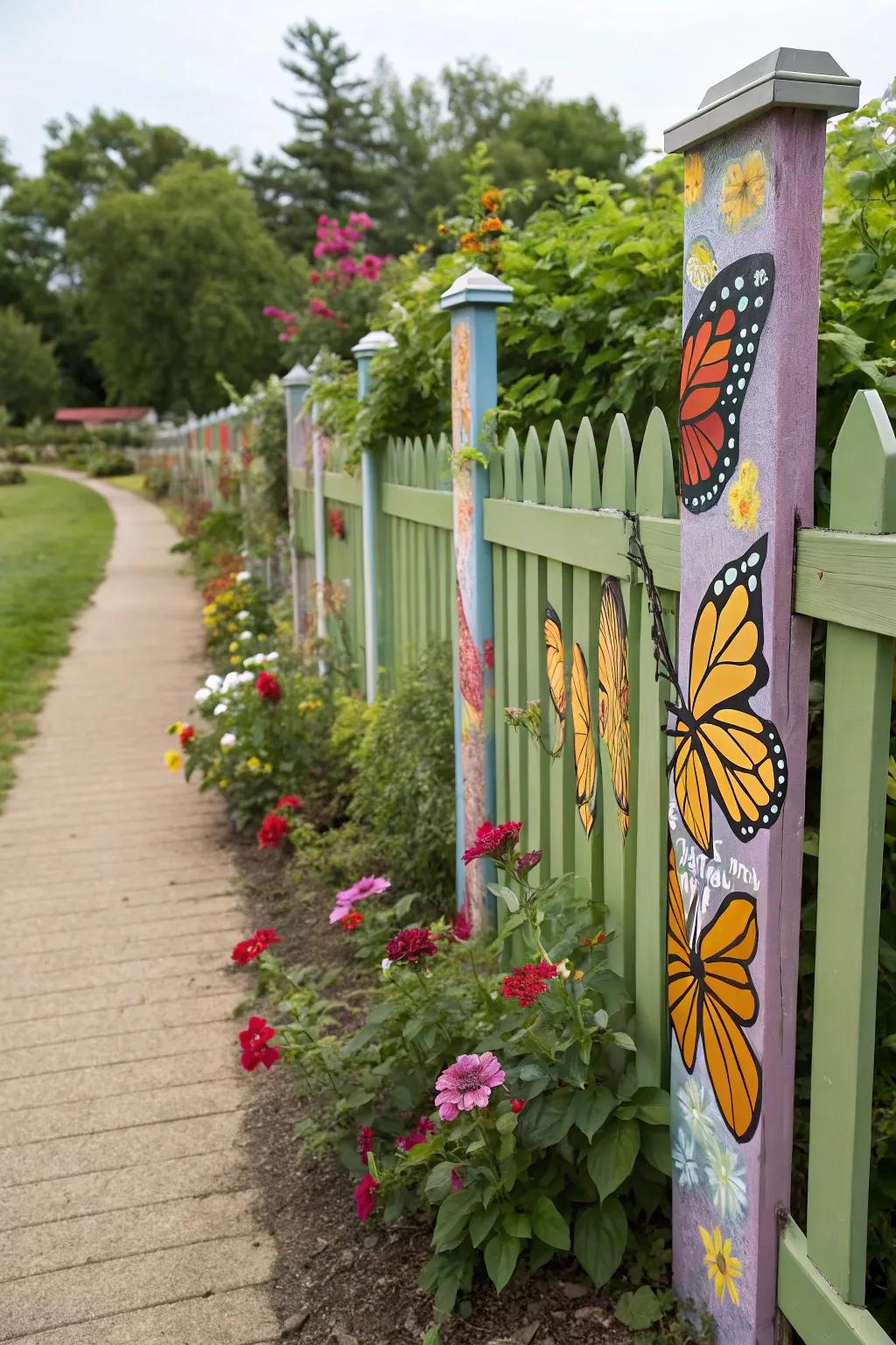 Butterflies among flowers add whimsy to your backyard fence.