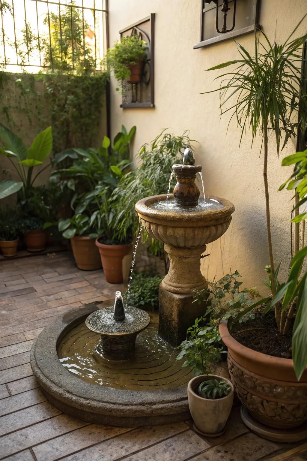 Optimal for small areas, an independent fountain enhances any patio.