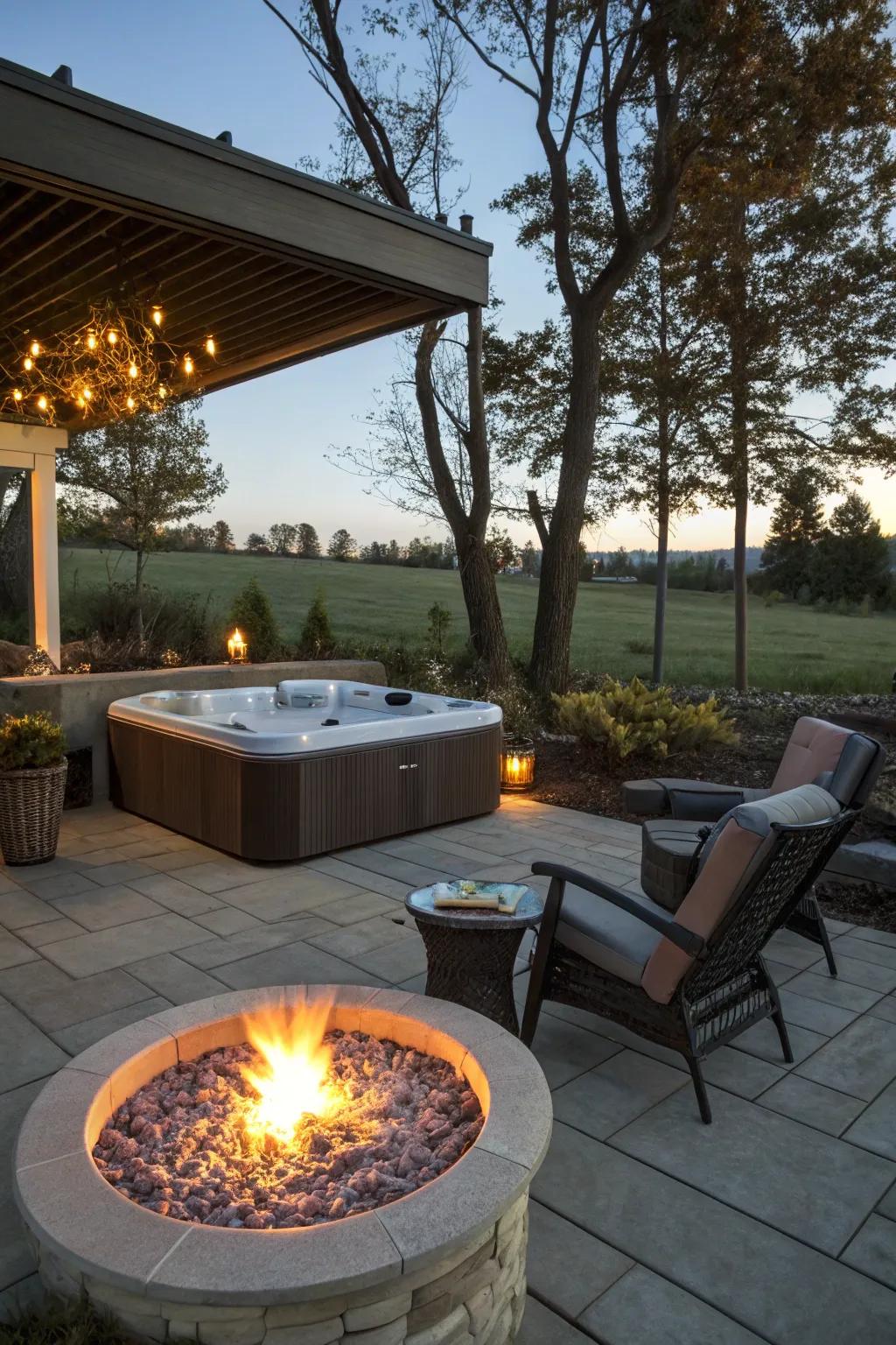 Fire features contribute a snug touch to your hot tub nights.