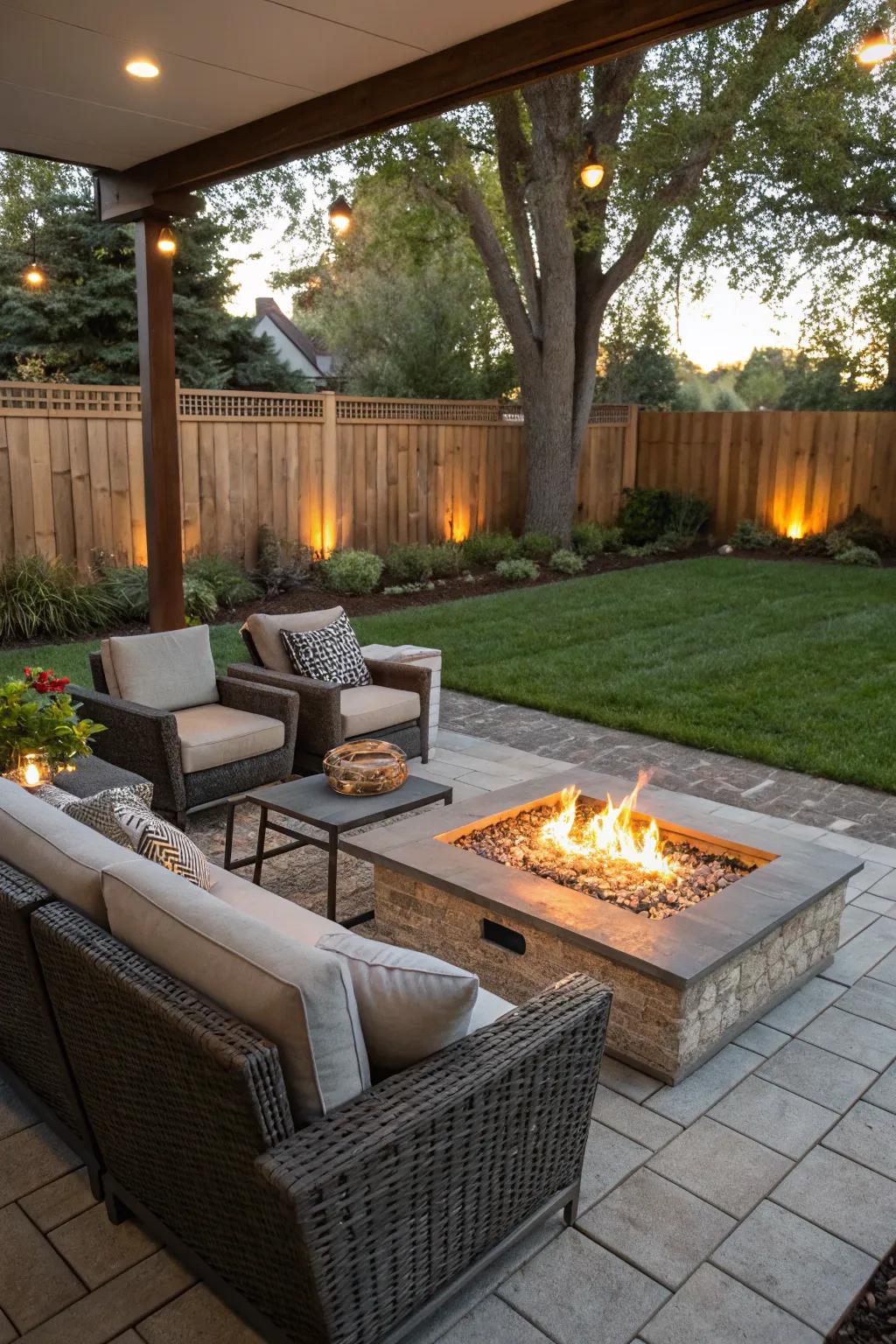 A fire pit creates a warm and inviting centerpiece in a veranda.