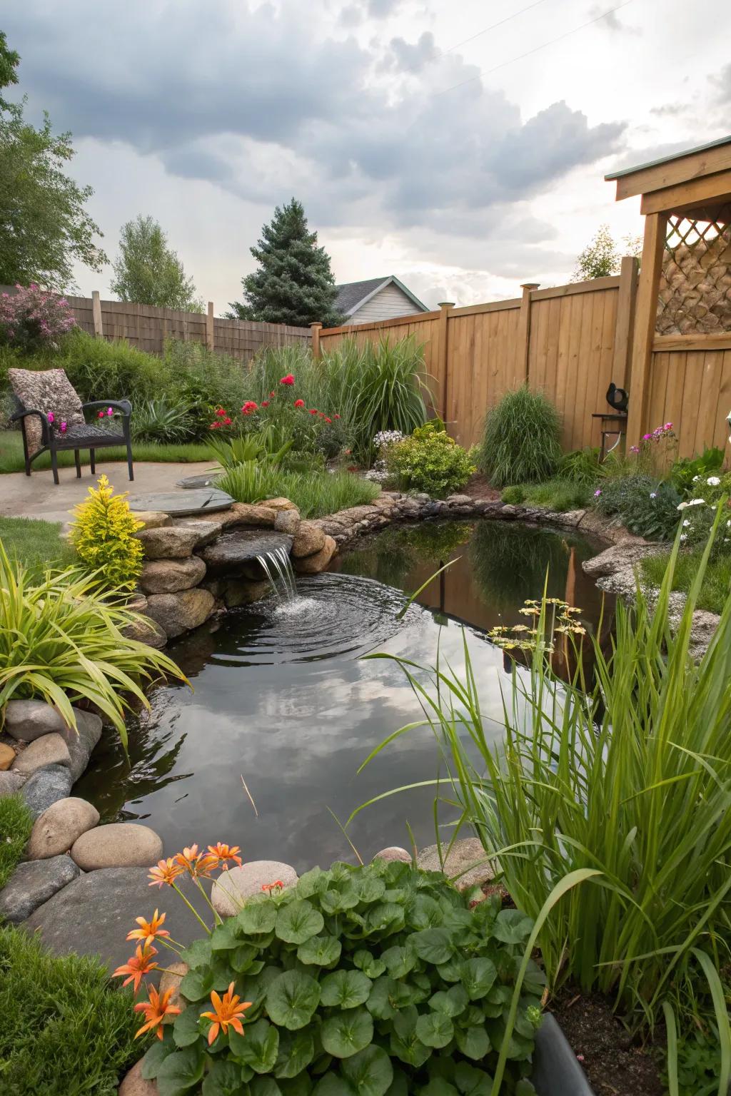 A tranquil water feature encourages relaxation.