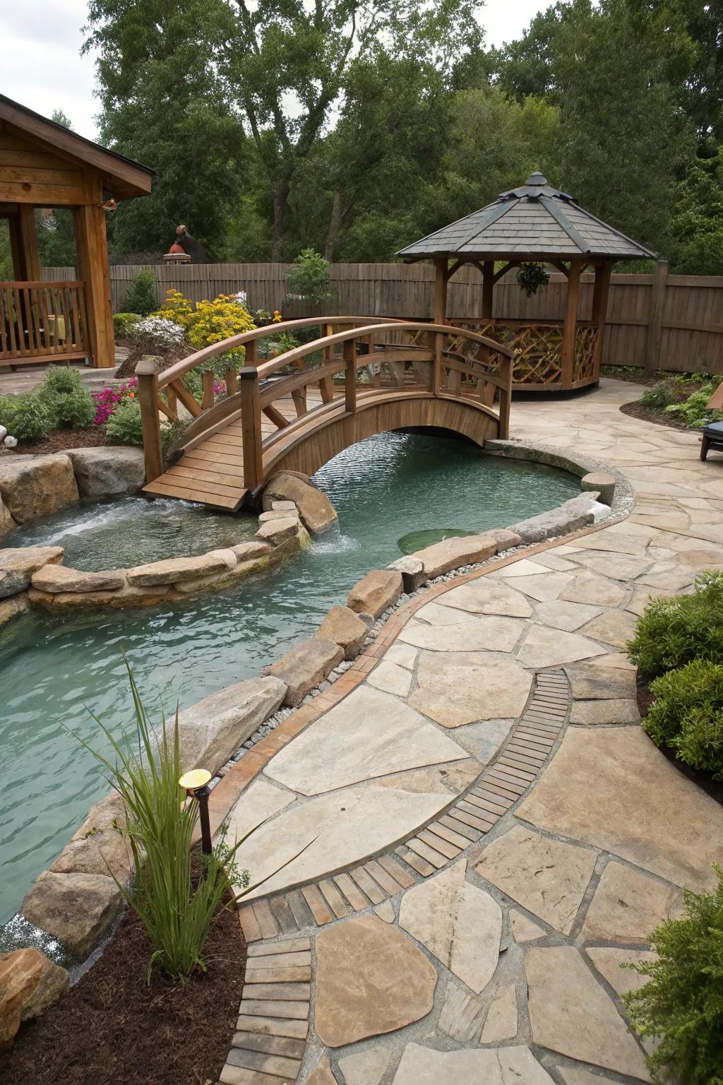 An inviting bridge over a lazy river pool, enhancing charm and accessibility.