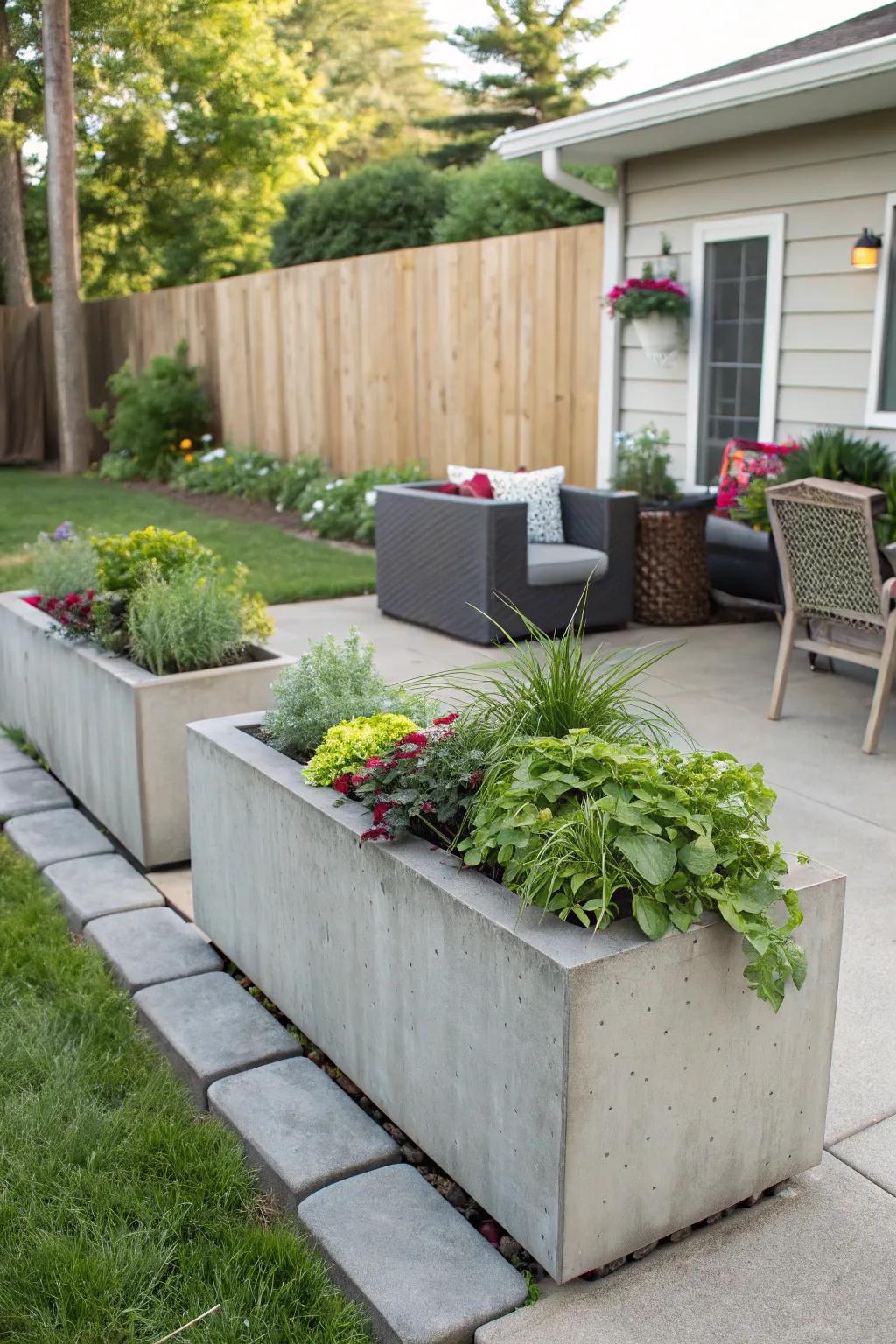 Contemporary concrete planters filled with abundant greenery.