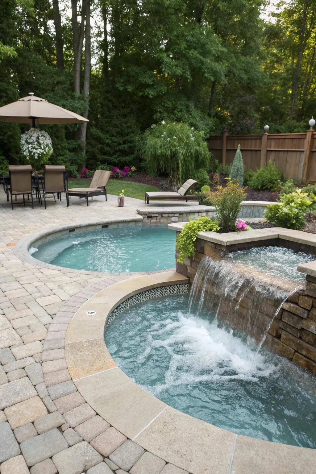 A spa spillway waterfall elegantly connects different water features.