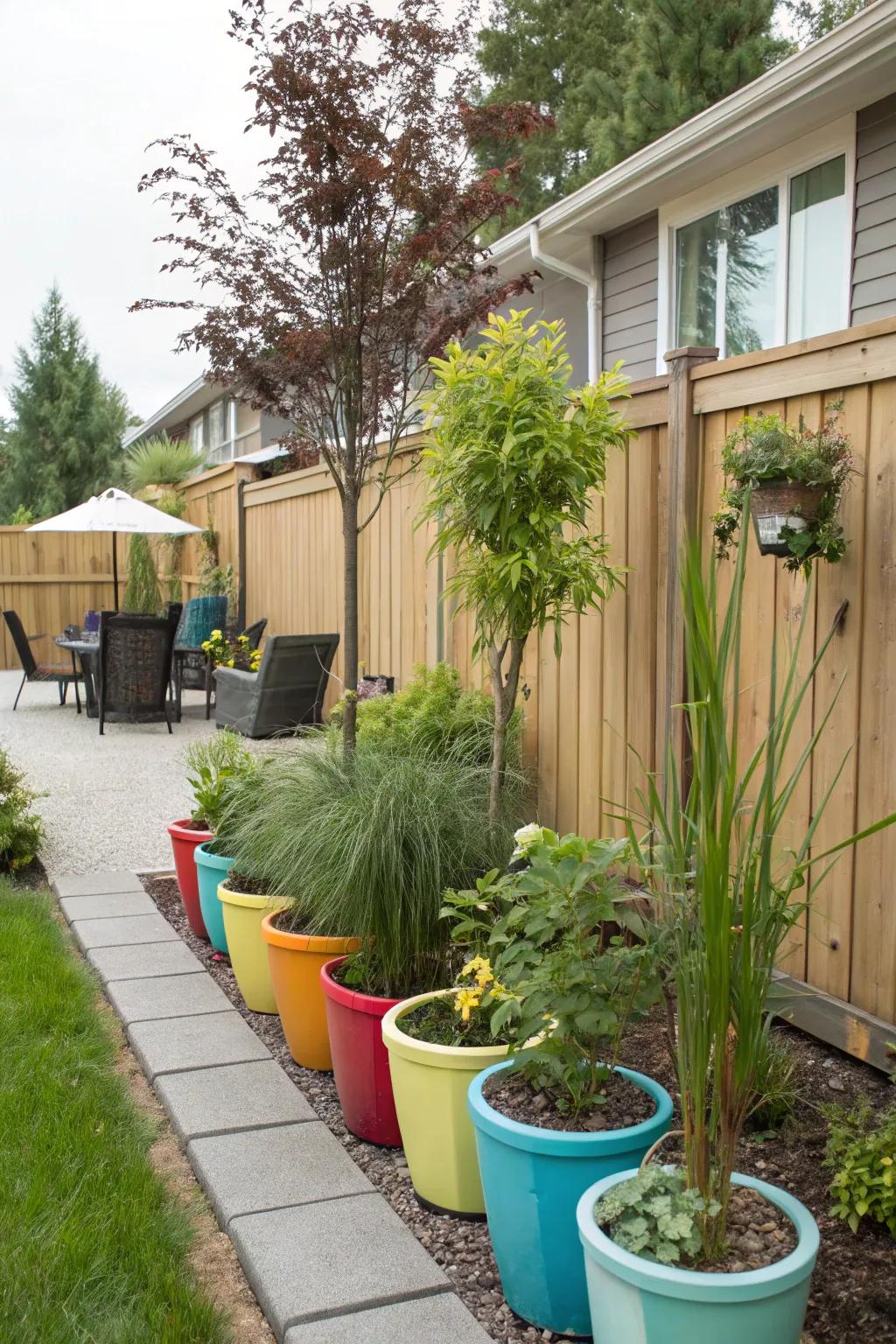 Potted flora present adaptable seclusion options.