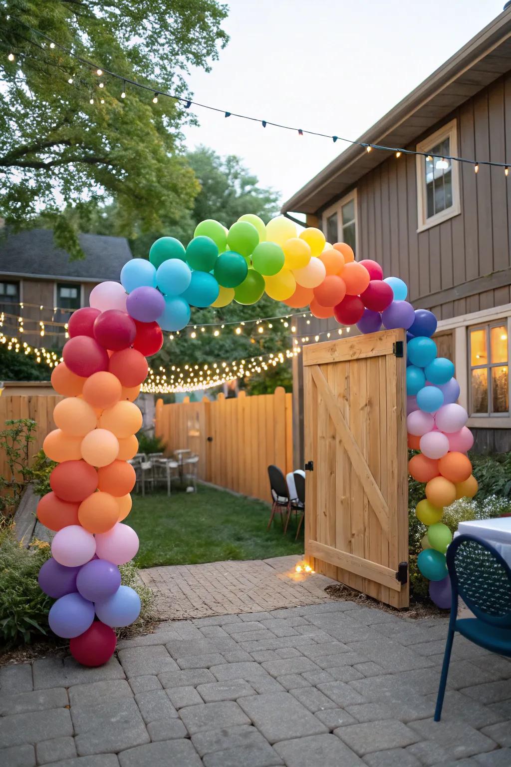 A vibrant balloon archway greeting guests to the party.