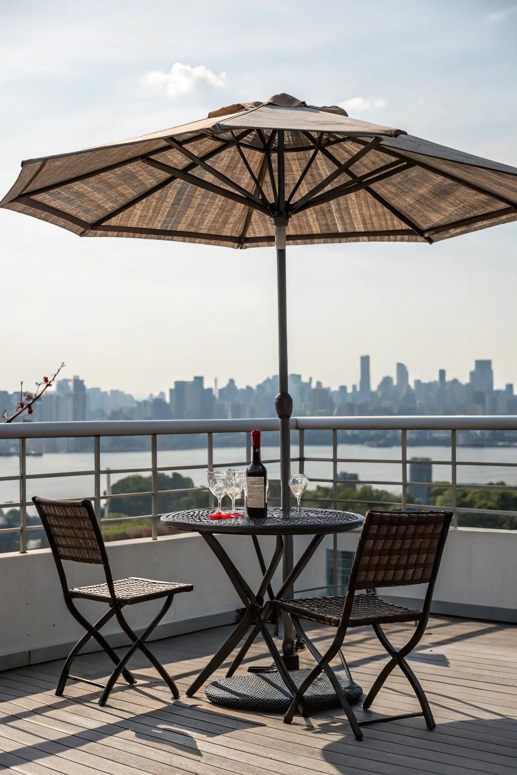 A large umbrella shading a balcony dining set.