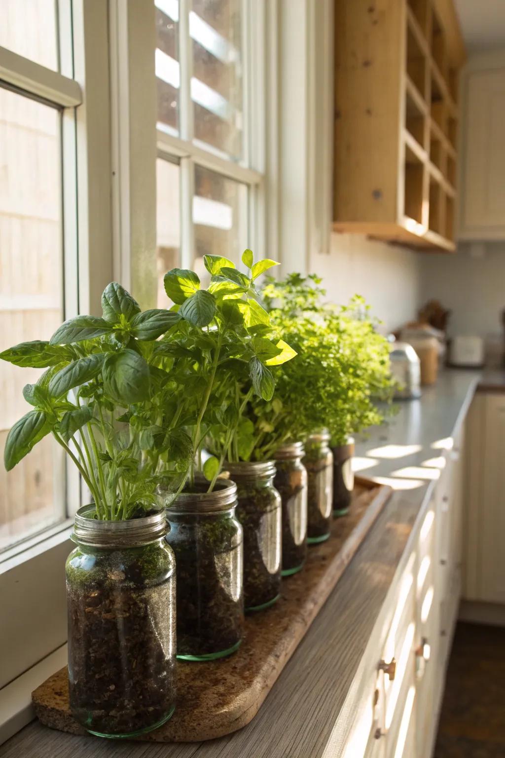 A diminutive herb cultivation employing canning jars ensures the availability of fresh flavors.