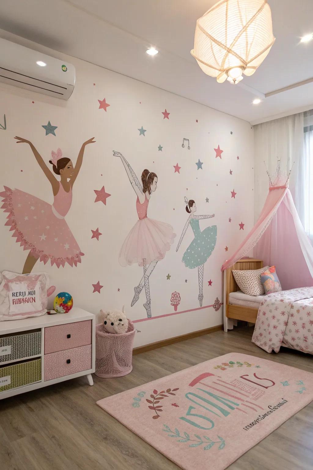 Wall stickers add a playful and thematic touch to the walls.