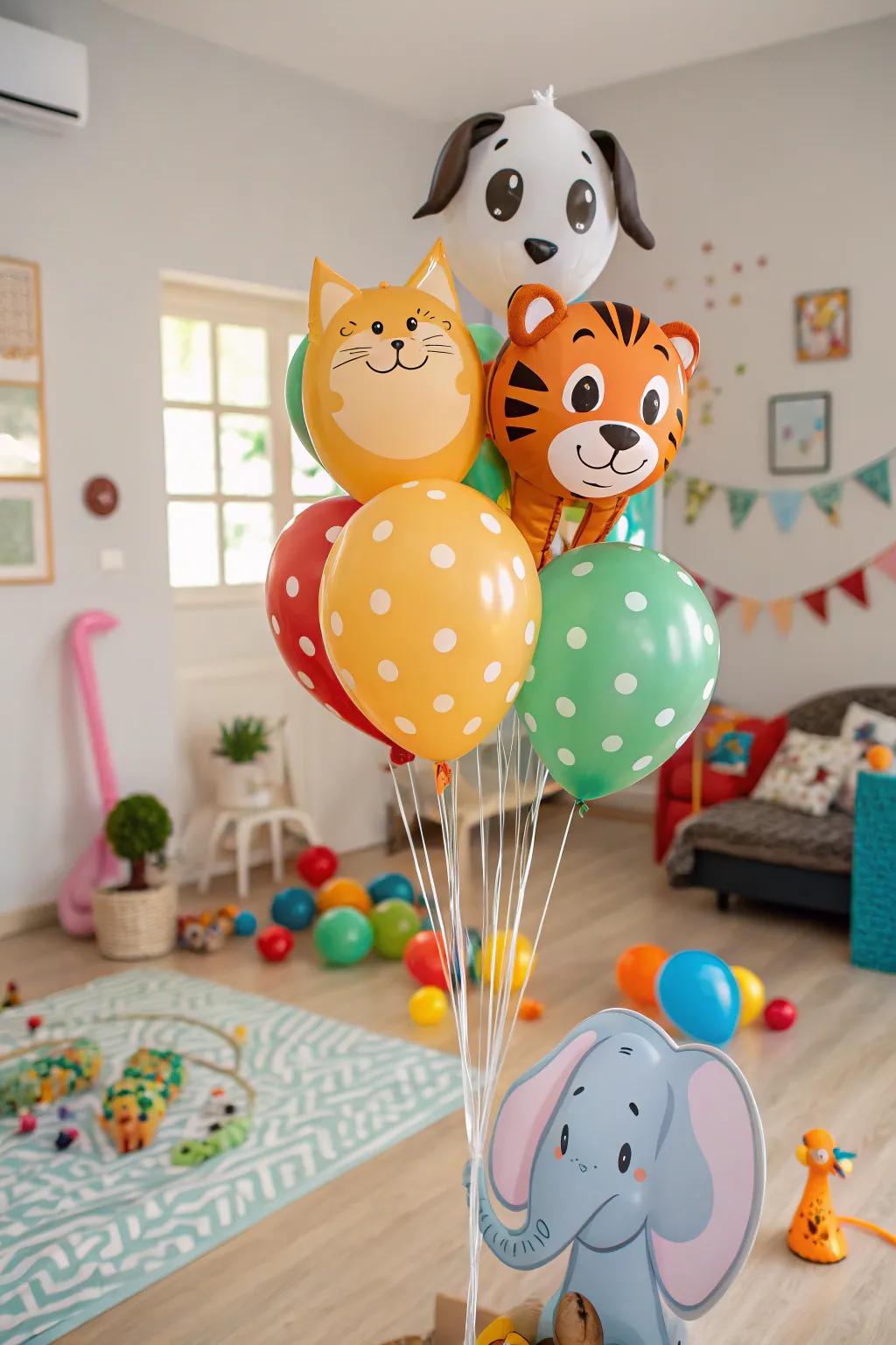 A creature-themed balloon display that transmits happiness to children's festivities.