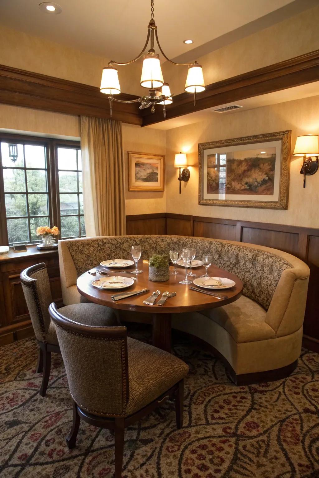 A cozy dining area featuring circular banquette seating for intimate gatherings.