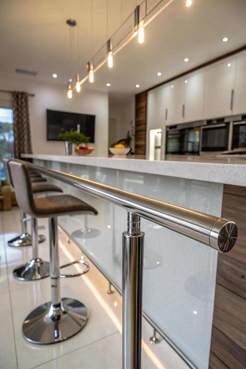A polished metal foot rail for a contemporary and stylish ambiance.