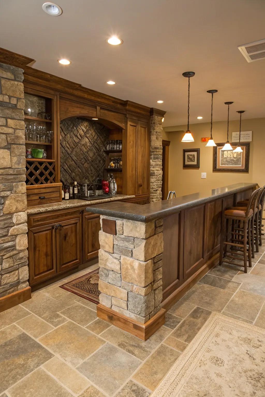 A harmonious home bar with natural stone features.