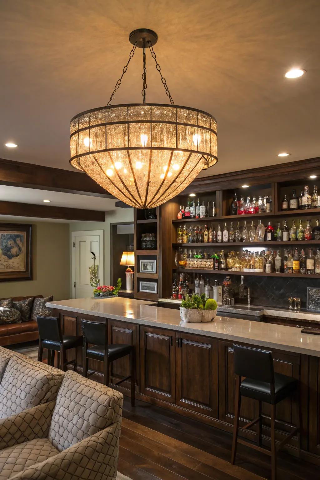 An elegant chandelier serves as a captivating centerpiece in the bar.