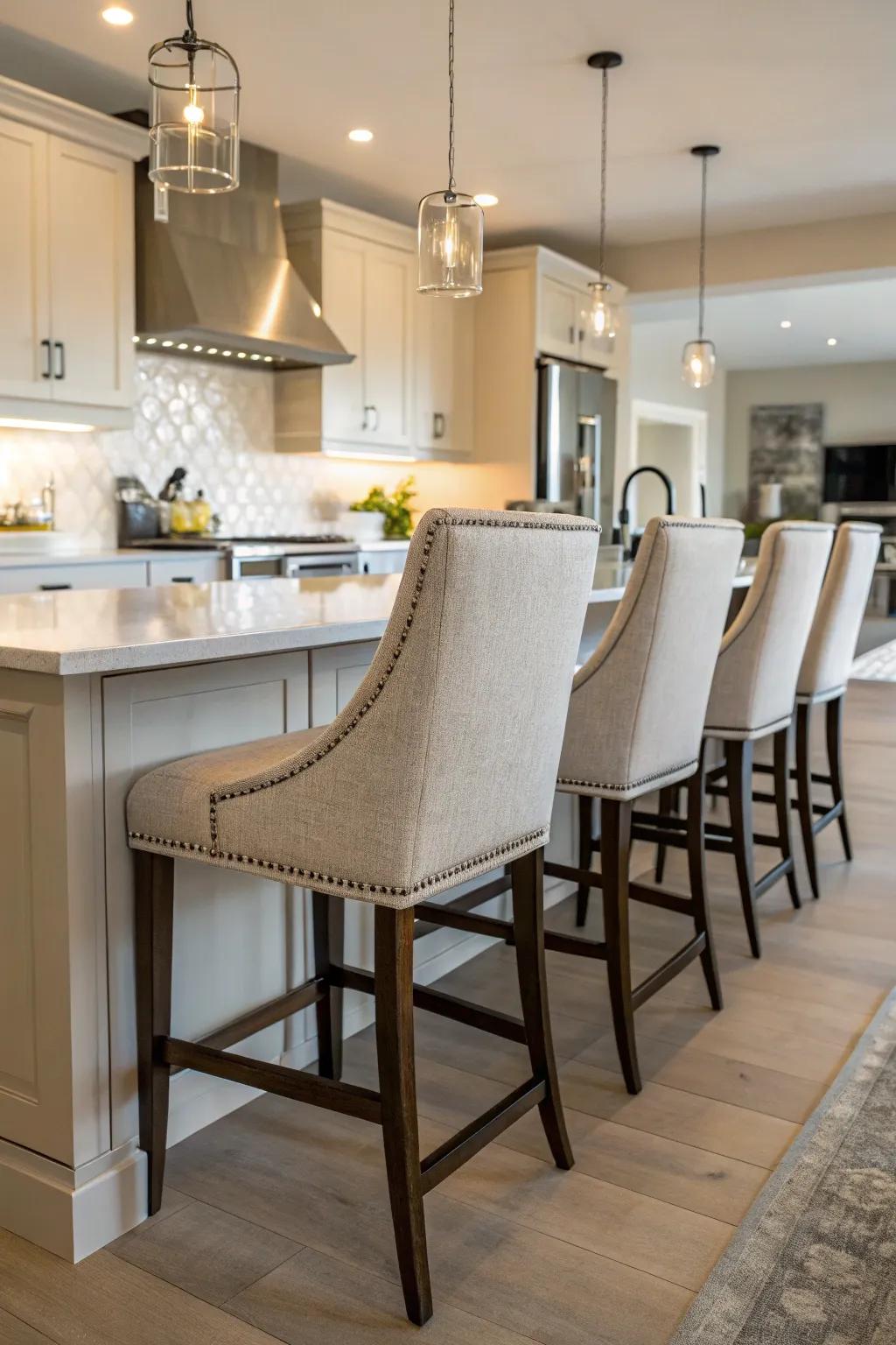 Subtle-toned bar stools that promote a unified kitchen atmosphere.