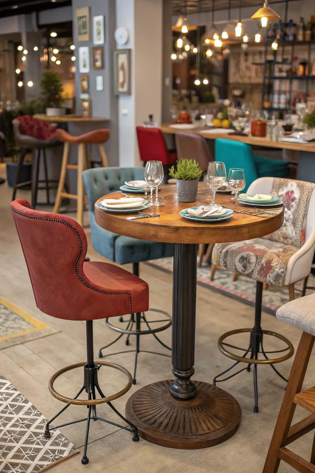 An assortment of seating choices encircling a stylish bar table.