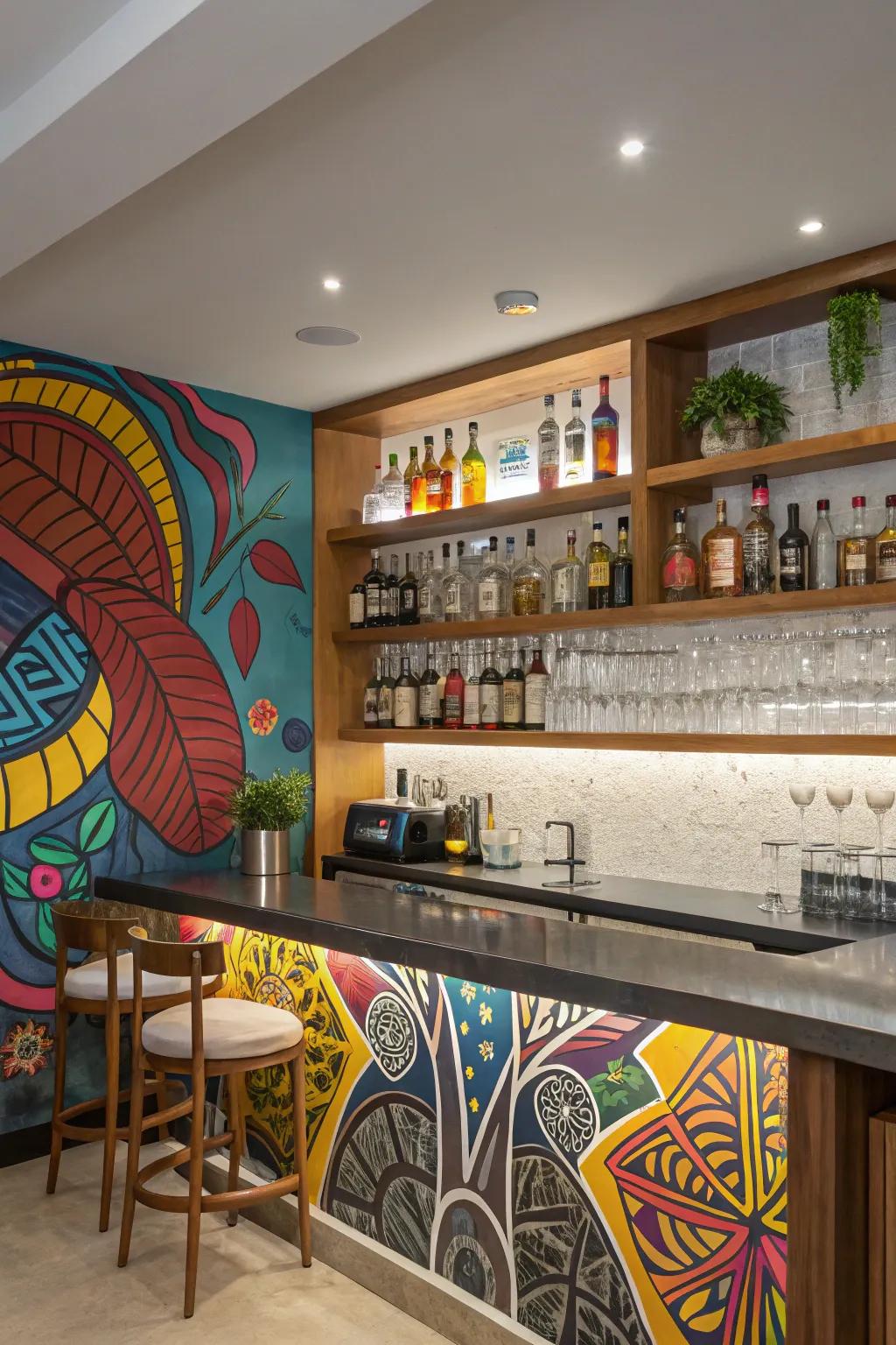A painted scene backdrop adds creative flair and a personal touch to your bar.