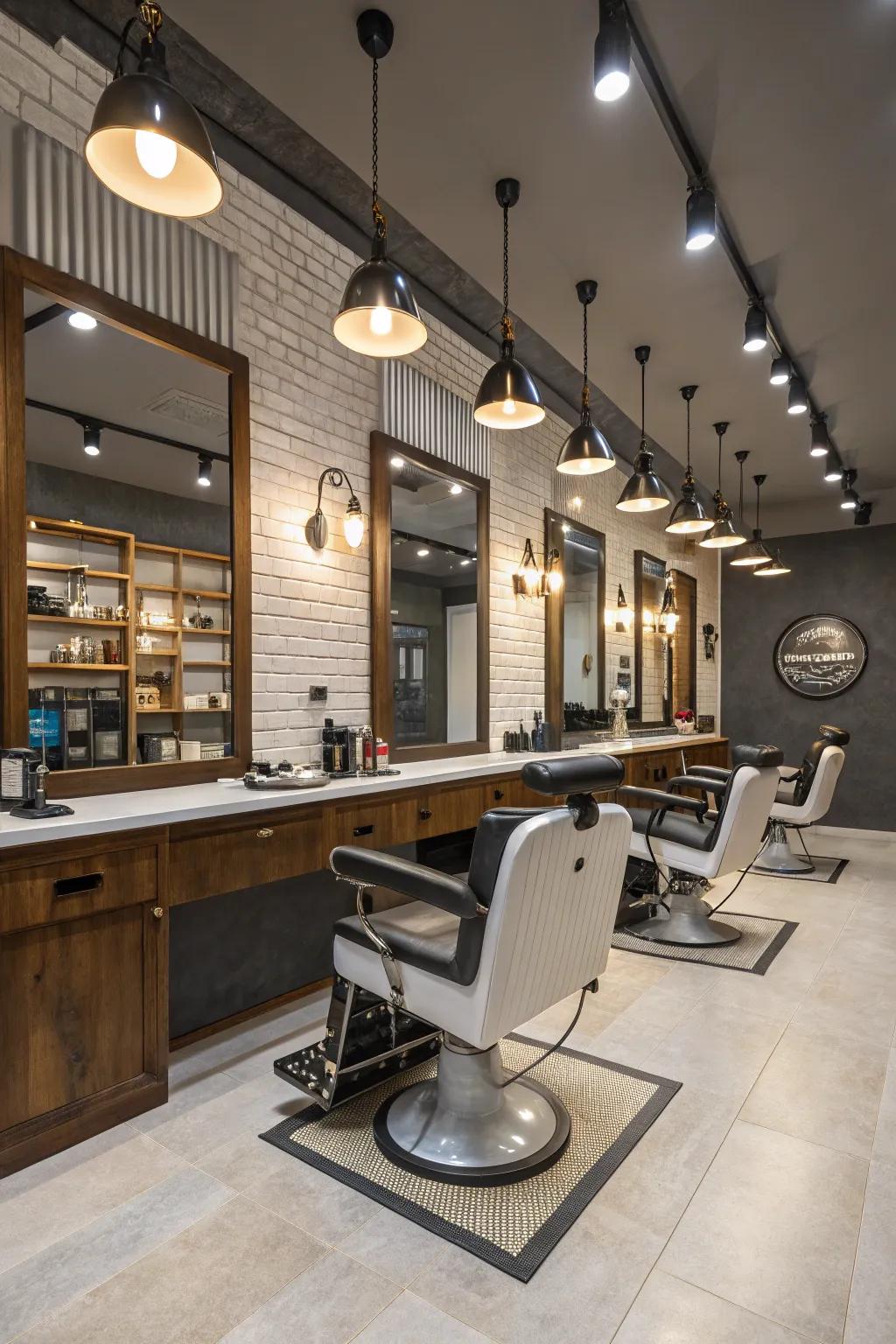 A minimalist lighting design produces a tidy and modern barbershop environment.
