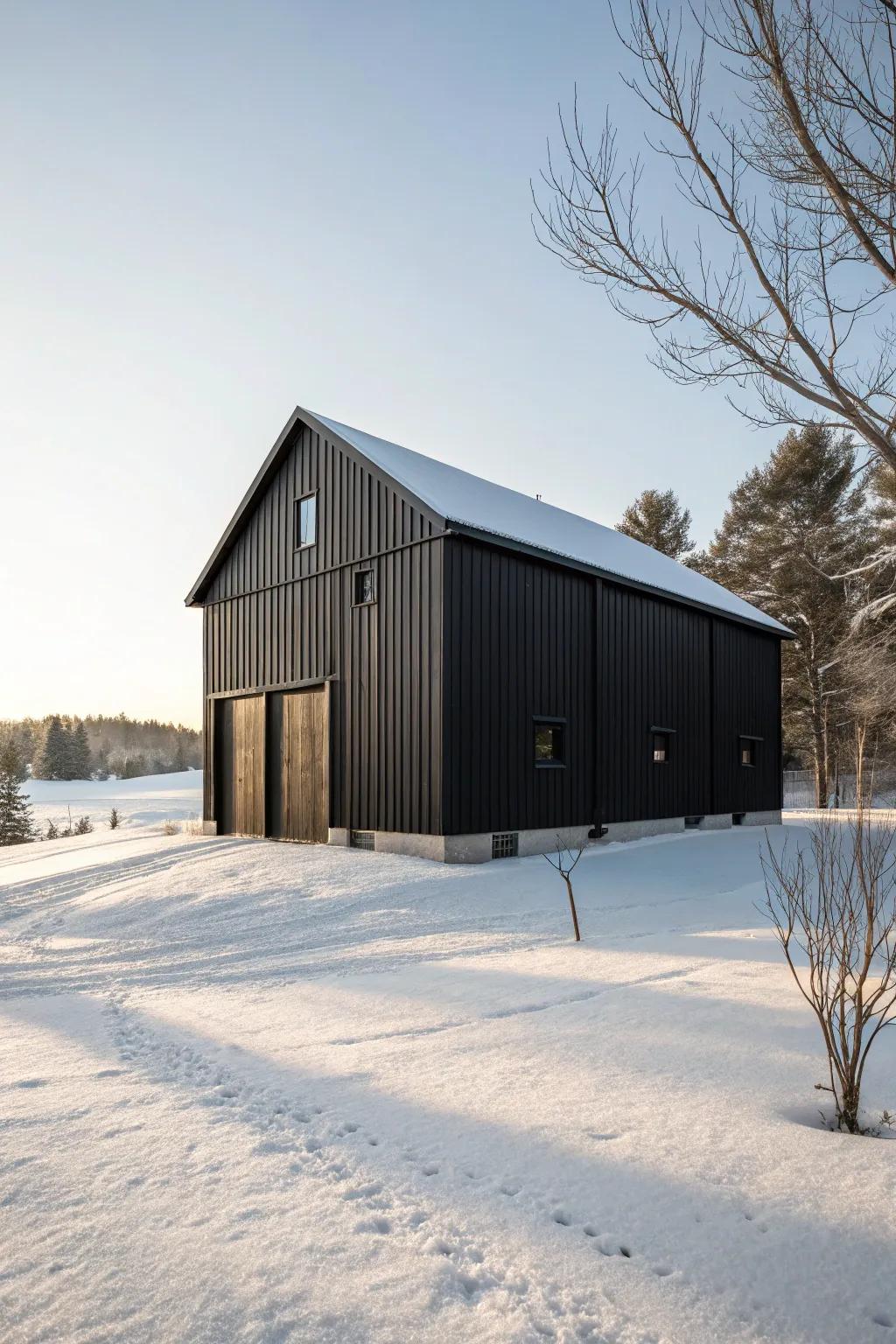 A bold black barn that makes a statement in a tranquil winter landscape.