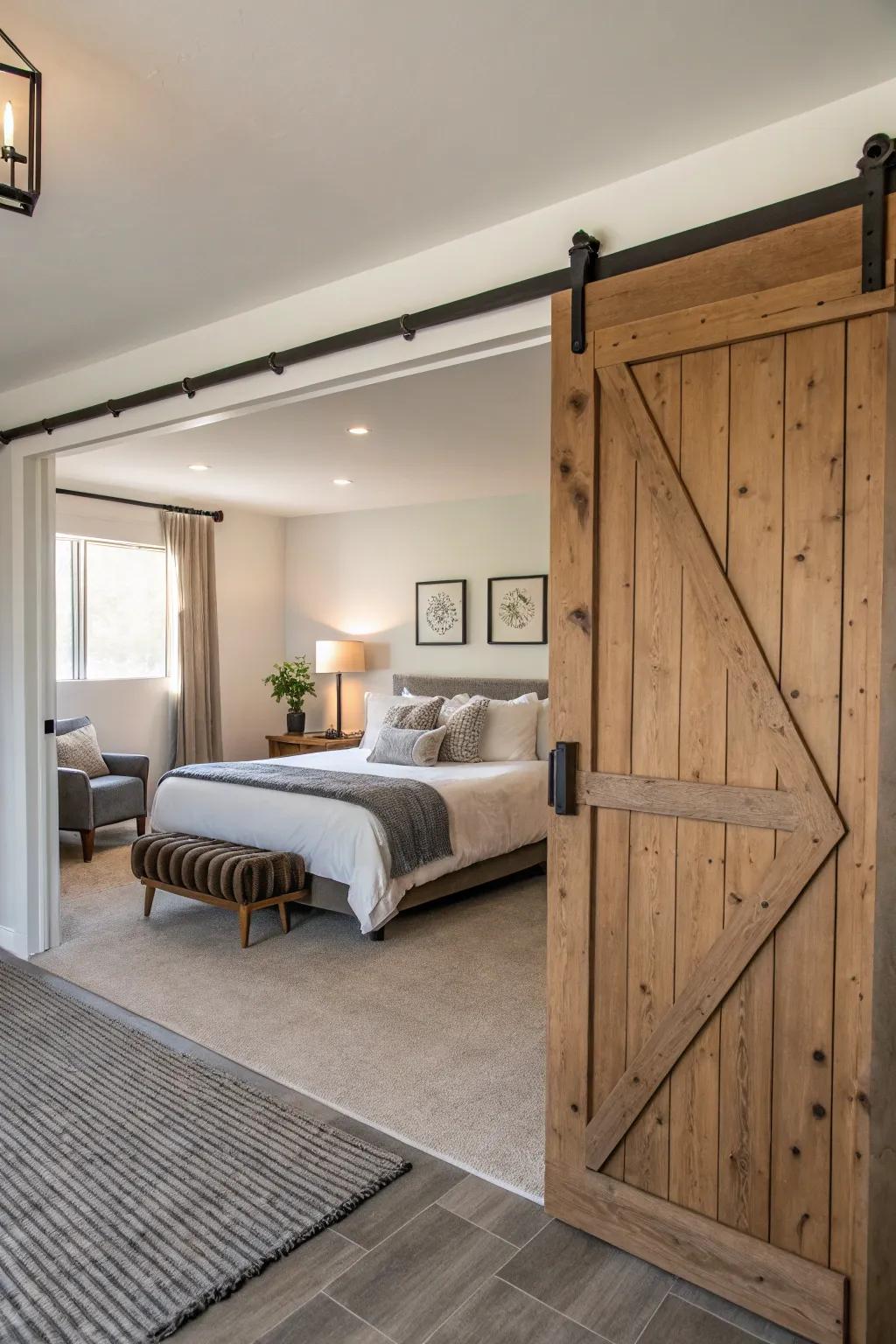 A barn door acts as an elegant space separator in this open-concept bedroom.