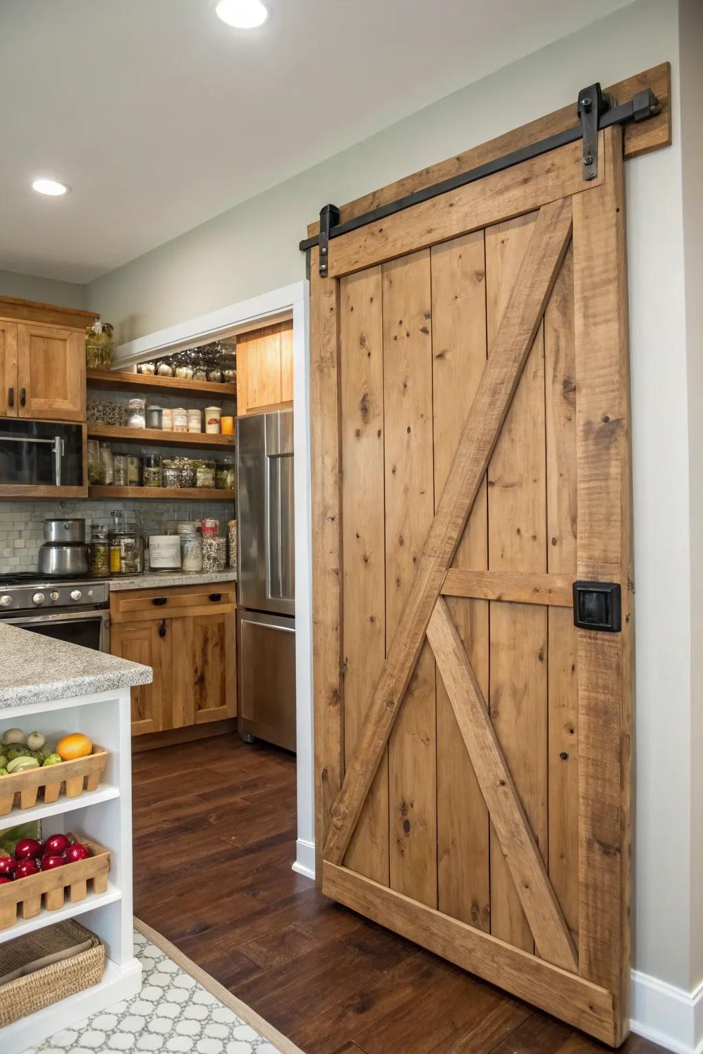 A kitchen featuring a handcrafted sliding barn door pantry crafted from upcycled wood.