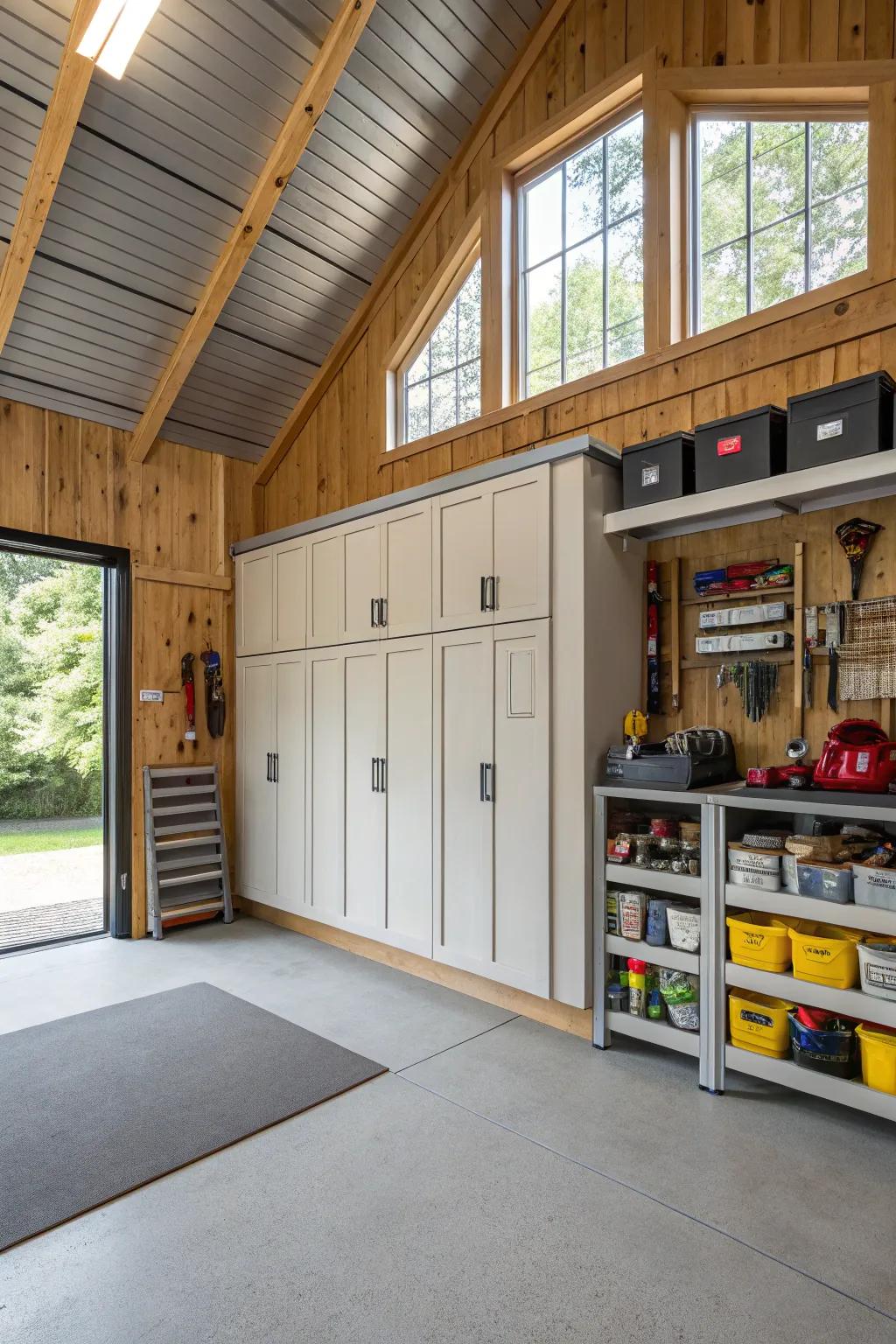 Cupboards and racks keep the barn garage sorted and neat.